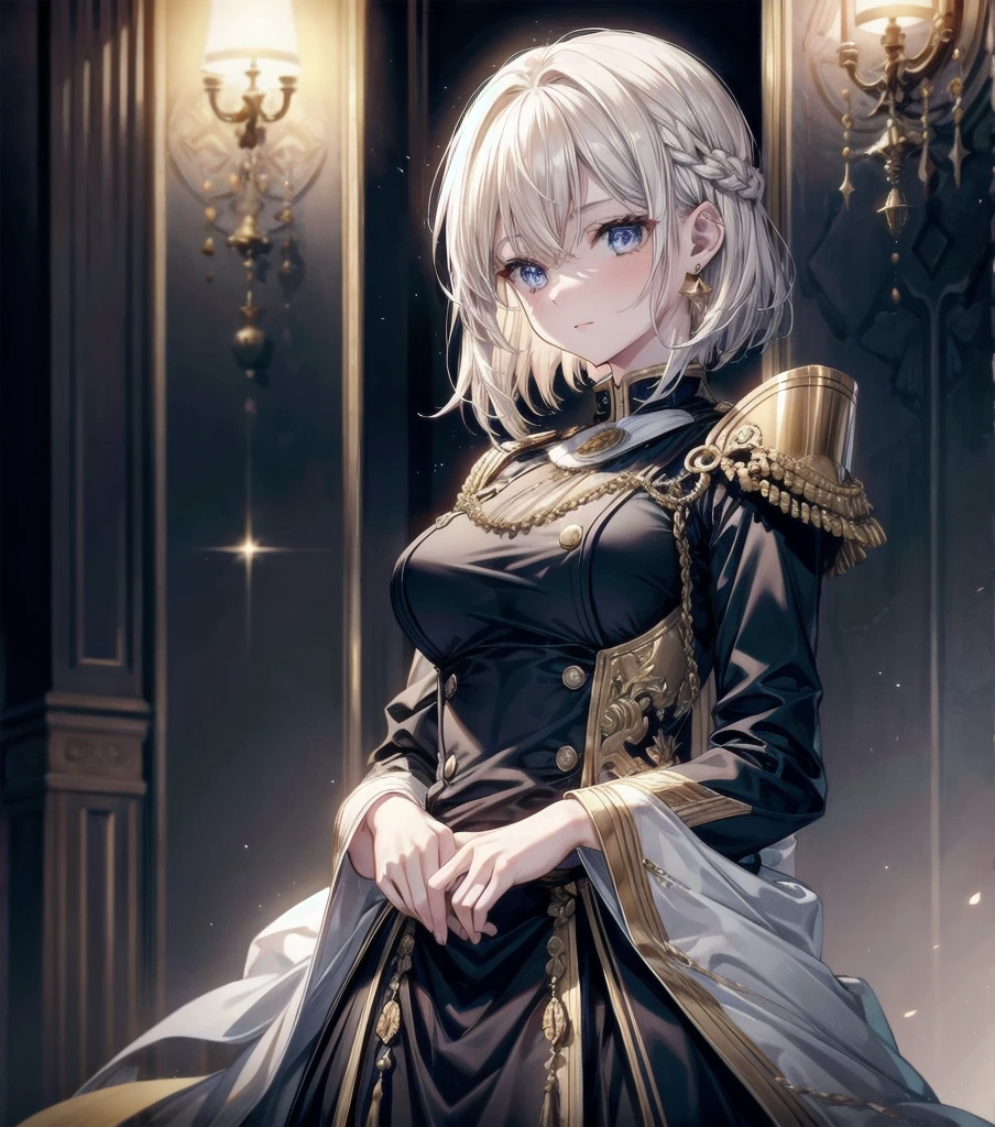 Military Dress, golden accessories, Grand Katana Sword, absurdres, RAW photo, extremely delicate and beautiful, masterpiece, Best Quality, ultra high resolution, 32k, hyperrealistic, ultra-detailed, detailed description, pale skin, 20 years old, tearful mole, earring, big tits, short medium hair, wavy hair, whole body shot, 2 girls,