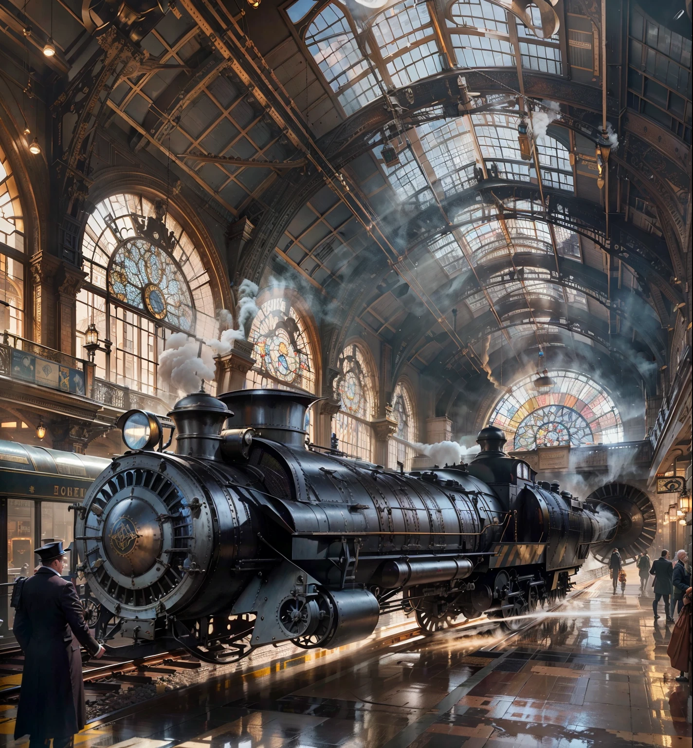 1820 Location: New York City (Specify a borough if you have one in mind, like Manhattan or Brooklyn) Station Description: Architectural style: Steampunk Flooring: Polished marble gleams in the gaslight, reflecting the intricate patterns of the arriving passengers. Windows: Towering stained glass windows depict fantastical landscapes and mythical creatures, casting a kaleidoscope of colors across the bustling station floor. Dome: A massive iron and glass dome soars overhead, allowing natural light to stream in and billowing steam to escape. Arrival of the Train: A colossal Hover steam train, flying 5 feet above the ground adorned with brass fittings and smokestacks, pulls into the station with a mighty hiss. Billowing plumes of smoke erupt from the engine, momentarily obscuring the grand facade of the station. A lot of smoke and fogThe ground vibrates with the rhythmic thrumming of the engine, sending tremors through the throngs of eager passengers, adventure, dramatic lighting, shadow