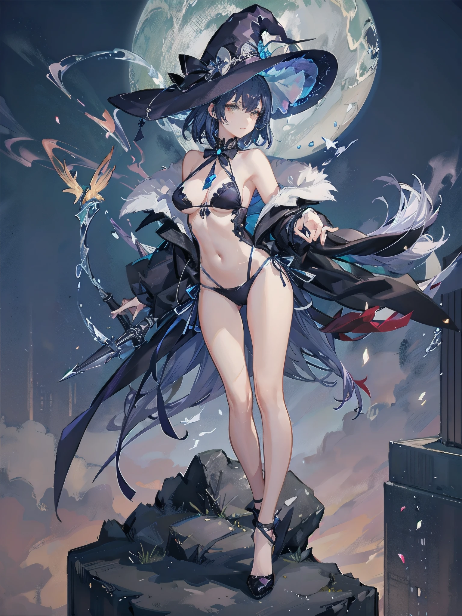 A girl stands on the rooftop of a high-rise building with a panoramic view of late-night Tokyo below.、She has a short bob with a white lob of hair and wears a large black witch hat with sapphire jewelry.、A high school student wearing a navy blue bikini-type swimsuit with a white ribbon、She wears a large witch's hat with a small sapphire accessory、A few star creams、Beautiful starry sky、Beautiful night view、large witch's hat 、Navy blue bikini pants that dig into your stomach、Small breasts、Small breasts、Navy blue swimsuit top with white frills、I see my stomach、The area around the stomach is bare skin.、Belly button、Halterneck bikini、She is wearing hot pants