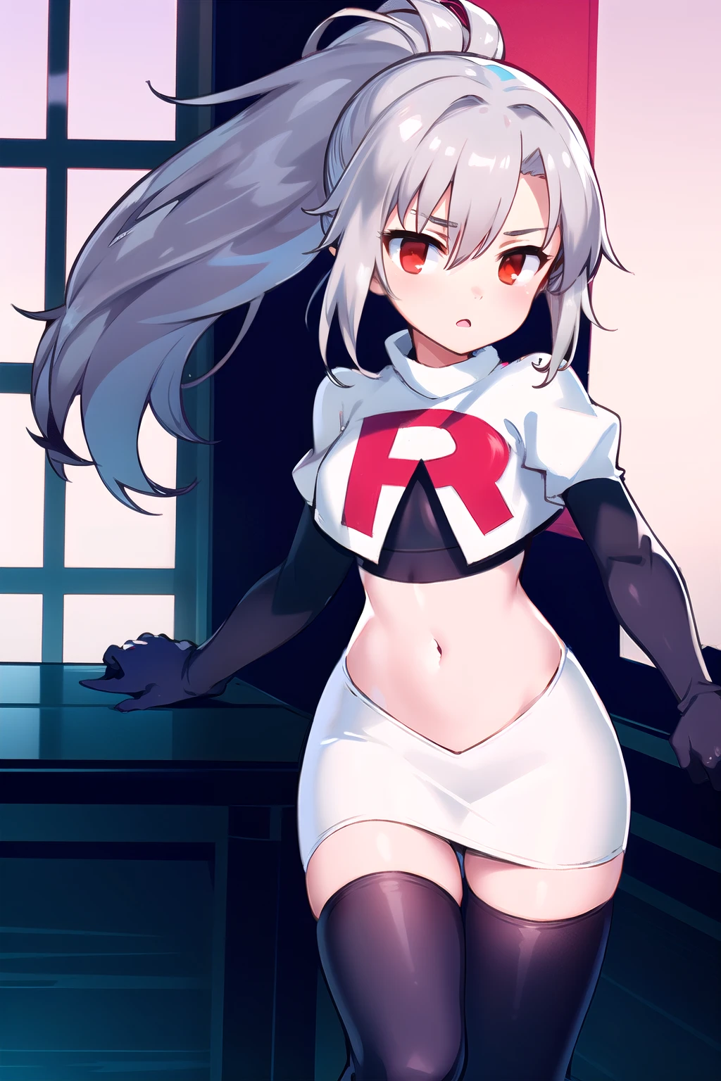 1girl, tina, best quality, long ponytail, silver hair, red eyes, highly detailed, team rocket,team rocket uniform,white skirt,red letter R,crop top,black thigh-highs,black elbow gloves