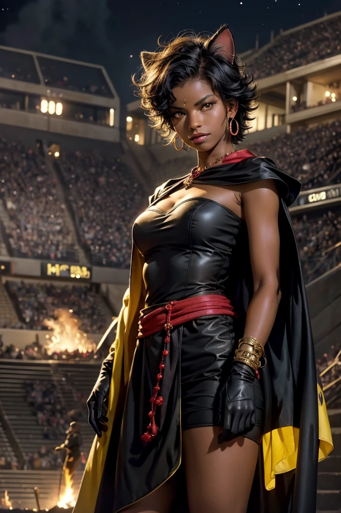 highres,absurdres,masterpiece,best quality,original,extremely detailed CG,extremely detailed wallpaper,perfect lighting,looking at viewer,bare hands,1girl,
SiennaKhan,short hair,black hair,animal ears,yellow eyes,cat ears,dark skin,dark-skinned female,gloves,jewelry,earrings,cape,facial mark,cleavage cutout,hoop earrings, standing, in deserted stadium, bonfires, river, crowd, (crowd in military uniforms), night, stars, closed mouth, serious look, serious expression, looking at viewer,