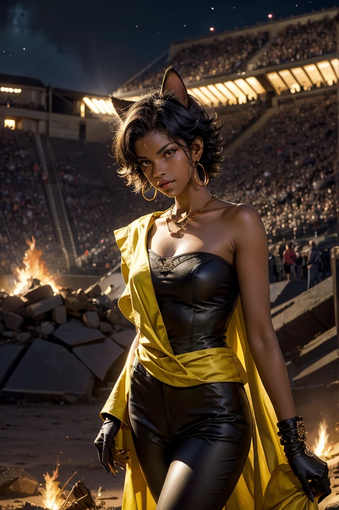 highres,absurdres,masterpiece,best quality,original,extremely detailed CG,extremely detailed wallpaper,perfect lighting,looking at viewer,bare hands,1girl,
SiennaKhan,short hair,black hair,animal ears,yellow eyes,cat ears,dark skin,dark-skinned female,gloves,jewelry,earrings,cape,facial mark,cleavage cutout,hoop earrings, standing, in deserted stadium, bonfires, river, crowd, (crowd in military uniforms), night, stars,  closed mouth, serious look, serious expression, looking at viewer,