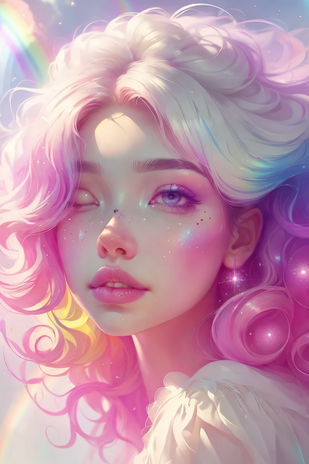 (This is a beautiful rainbow fantasy image that feels interesting and emphasizes glitter and iridescence.) Generate a ((blind)) curvy woman with colorful curly hair and milky white eyes. Her face is important and is perfectly formed with puffy lips and perfect features. (Her eyes are critically important and are (blank) and (solid white)). The image exudes ethereal beauty and soft fantasy. Include sweet and detailed birds and soft, luminous flowers in all the colors of the rainbow. The image's background is decorated in shades of pink, shimmer, glitter, and fantasy details like colored bubbles and cosmos. Utilize dynamic composition to create a compelling and action-packed image. Dramatic lighting and cinematic lighting enhance the woman's beauty and the soft colors in the artwork. (((((Perspective: head on.))))) Include fantasy, cute, colorful, colourful, interesting magic background, ((((blank eyes)))), ((((empty white eyes)))), (shirome eyes:1.3), (smirking), (perfectly rendered solid whiteeyes), ((birthmark on lip)), ((pretty lips)), beautiful background, complex background, sweet background, (((rainbow)))