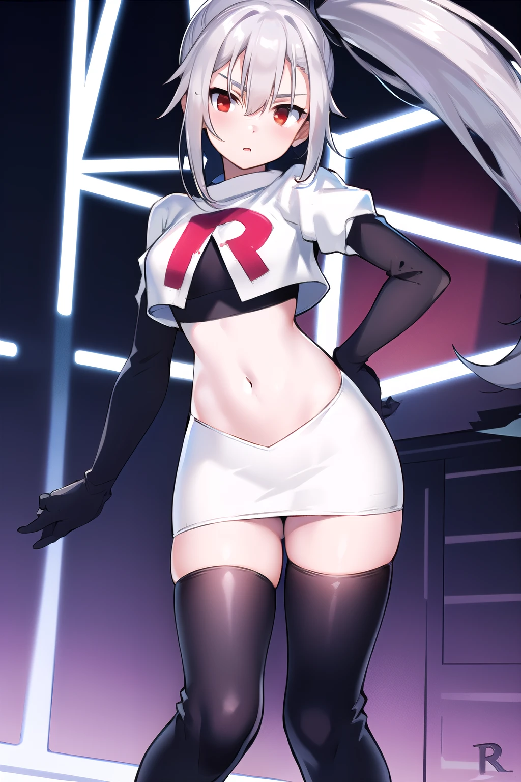 1girl, tina, best quality, long ponytail, silver hair, red eyes, highly detailed, team rocket,team rocket uniform,white skirt,red letter R,crop top,black thigh-highs,black elbow gloves