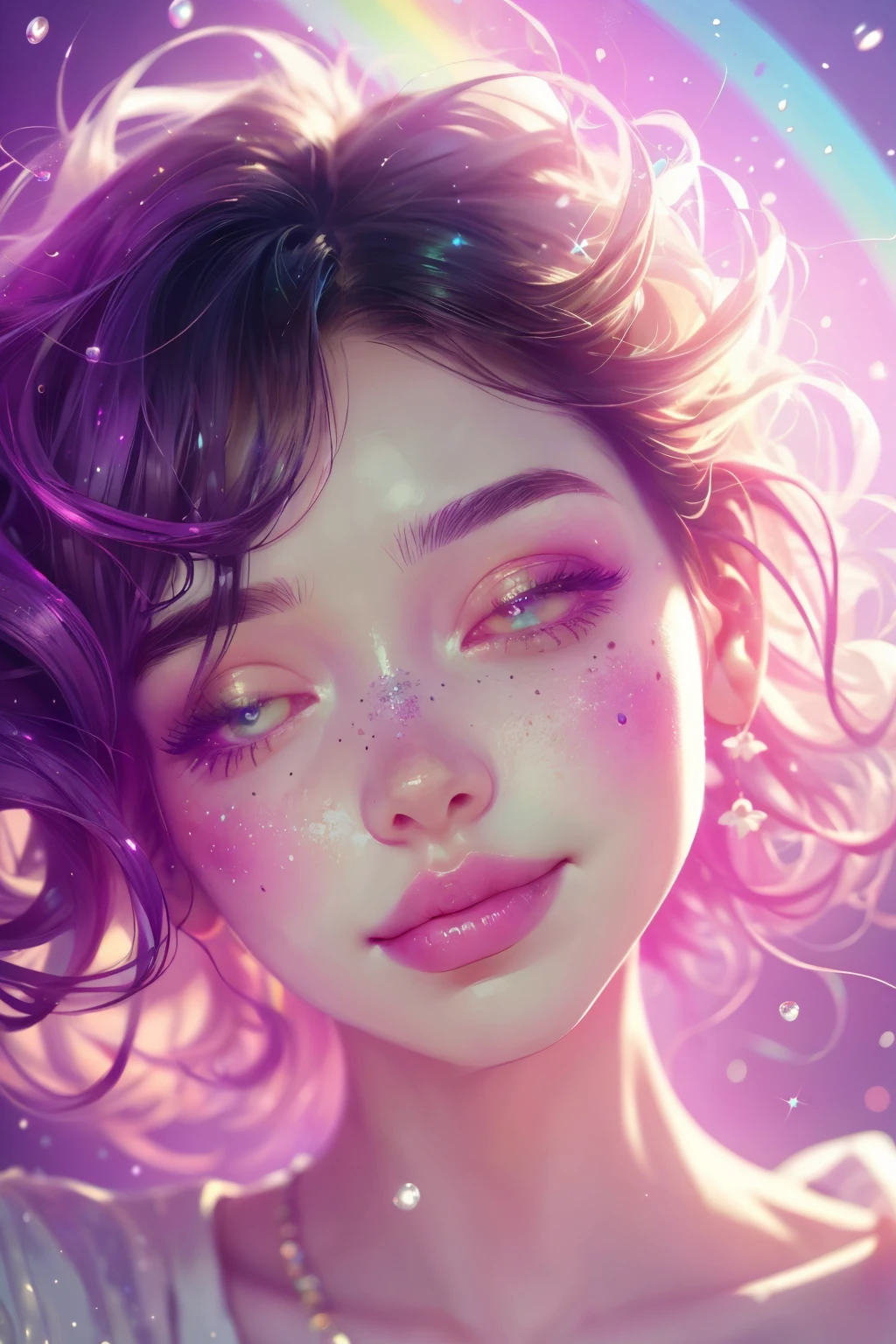 (This is a beautiful rainbow fantasy image that feels interesting and emphasizes glitter and iridescence.) Generate a ((blind)) curvy woman with colorful curly hair and milky white eyes. Her face is important and is perfectly formed with puffy lips and perfect features. (Her eyes are critically important and are (blank) and (solid white)). The image exudes ethereal beauty and soft fantasy. Include sweet and detailed birds and soft, luminous flowers in all the colors of the rainbow. The image's background is decorated in shades of pink, shimmer, glitter, and fantasy details like colored bubbles and cosmos. Utilize dynamic composition to create a compelling and action-packed image. Dramatic lighting and cinematic lighting enhance the woman's beauty and the soft colors in the artwork. (((((Perspective: head on.))))) Include fantasy, cute, colorful, colourful, interesting magic background, ((((blank eyes)))), ((((empty white eyes)))), (shirome eyes:1.3), (smirking), (perfectly rendered solid whiteeyes), ((birthmark on lip)), ((pretty lips)), beautiful background, complex background, sweet background, (((rainbow)))
