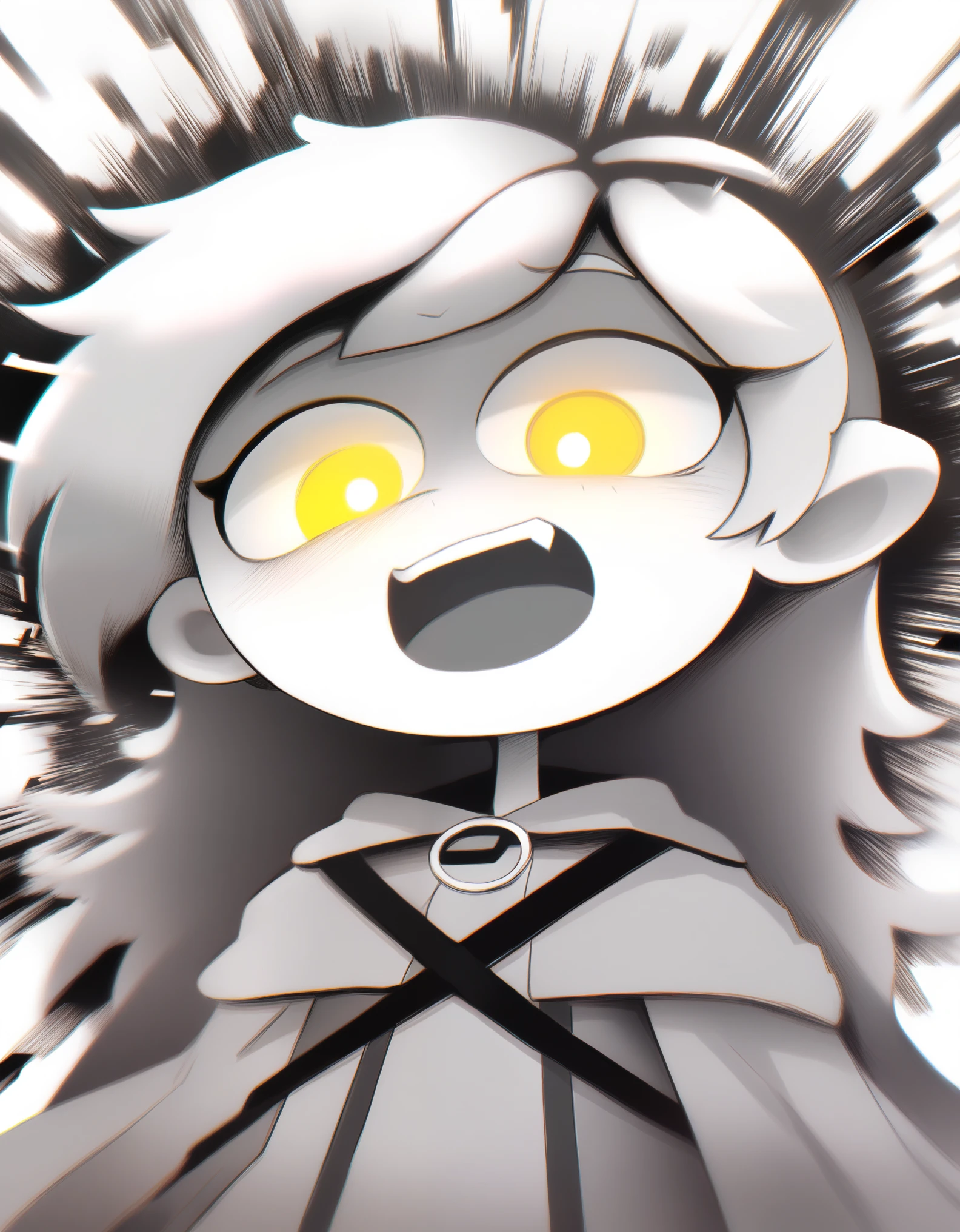 score_9, score_8_up, score_7_up, score_6_up, BREAK white background, simple background, greyscale,monochrome 1girl, swdef, white hair, long hair, yellow eyes, headgear, cloak, chest strap, crazy eyes, emotionless, closed mouth, insanity-angle, face close-up, glitch, glitching, horror 