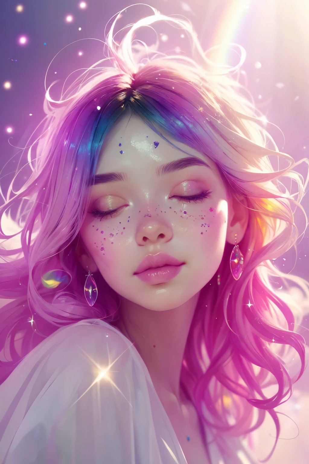 (This is a beautiful rainbow fantasy image that feels interesting and emphasizes glitter and iridescence.) Generate a ((blind)) curvy woman with colorful curly hair and milky white eyes. Her face is important and is perfectly formed with puffy lips and perfect features. (Her eyes are critically important and are (blank) and (solid white)). The image exudes ethereal beauty and soft fantasy. Include sweet and detailed birds and soft, luminous flowers in all the colors of the rainbow. The image's background is decorated in shades of pink, shimmer, glitter, and fantasy details like colored bubbles and cosmos. Utilize dynamic composition to create a compelling and action-packed image. Dramatic lighting and cinematic lighting enhance the woman's beauty and the soft colors in the artwork. (((((Perspective: head on.))))) Include fantasy, cute, colorful, colourful, interesting magic background, ((((blank eyes)))), ((((empty white eyes)))), (shirome eyes:1.3), (smirking), (perfectly rendered solid whiteeyes), ((birthmark on lip)), ((pretty lips)), beautiful background, complex background, sweet background, (((rainbow)))