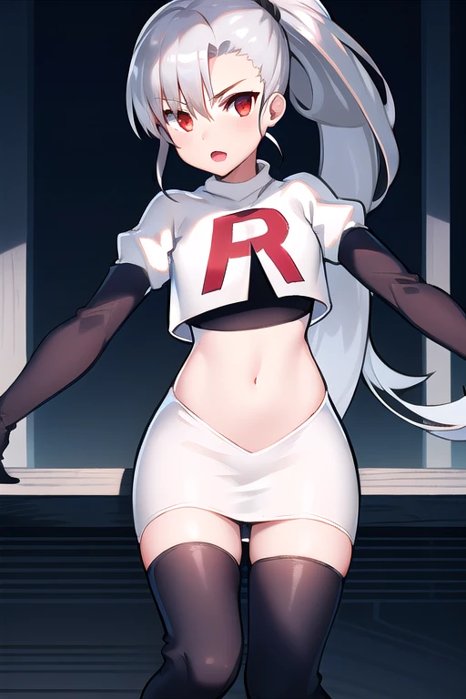 1girl, tina, best quality, long ponytail, silver hair, red eyes, highly detailed, team rocket,team rocket uniform,white skirt,red letter R,crop top,black thigh-highs,black elbow gloves