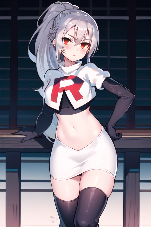 1girl, tina, best quality, long ponytail, silver hair, red eyes, highly detailed, team rocket,team rocket uniform,white skirt,red letter R,crop top,black thigh-highs,black elbow gloves