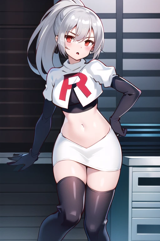 1girl, tina, best quality, long ponytail, silver hair, red eyes, highly detailed, team rocket,team rocket uniform,white skirt,red letter R,crop top,black thigh-highs,black elbow gloves