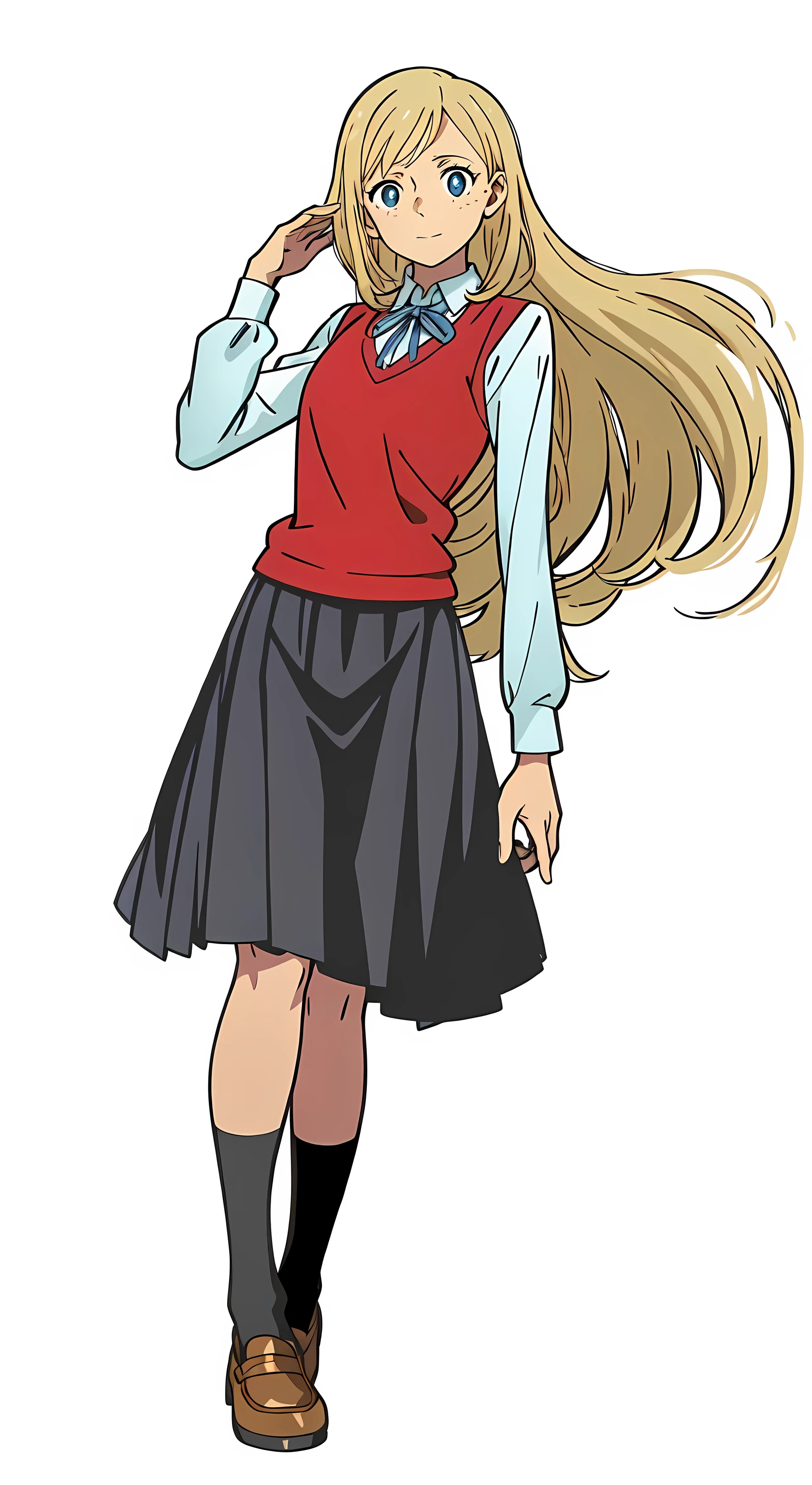 (best quality:1.0), (masterpiece:1.0), (super fine illustration:1.0), (beautiful artwork:1.0), (anime screencap:1.0), (official art:1.0), (european:1.0), (cheerful:1.0), (white background:1.0), (best quality:1.0), (masterpiece:1.0), (super fine illustration:1.0), (beautiful artwork:1.0), (anime screencap:1.0), (official art:1.0), (solo:1.0), (european:1.0), (a 18yo cute girl:1.0), (long skirt:1.0), (black skirt:1.0), (pleated skirt:1.0), (red knit vest:1.0), (white long sleeve collared shirt:1.0), (blue neck ribbon:1.0), (loafers:1.0), (black socks:1.0), (ideal ratio body proportions:1.0), (lanky:1.0), (tall:1.0), (slender:1.0), (small breasts:1.0), (smaller face:1.0), (tareme:1.0), (freckles:1.0), (detailed beautiful eyes:1.0), (detailed beautiful face:1.0), (glowing blue eyes:1.0), (long hair:1.0), (swept bangs:1.0), (blonde hair:1.0), (standing:1.0), (looking at viewer:1.0)