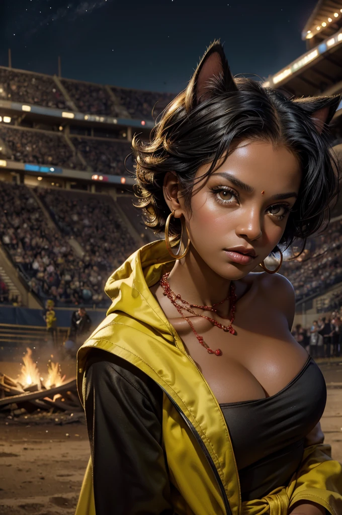 highres,absurdres,masterpiece,best quality,original,extremely detailed CG,extremely detailed wallpaper,perfect lighting,looking at viewer,bare hands,1girl,
SiennaKhan,short hair,black hair,animal ears,yellow eyes,cat ears,dark skin,dark-skinned female,gloves,jewelry,earrings,cape,facial mark,cleavage cutout,hoop earrings, standing, in deserted stadium, bonfires, river, crowd, (crowd in military uniforms), night, stars,  closed mouth, serious look, serious expression, looking at viewer,