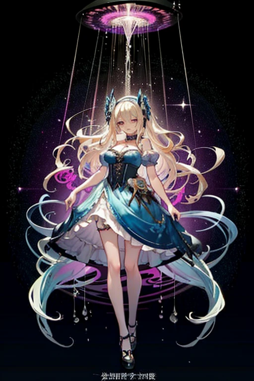 a beautiful 20 year old blonde woman with big messy hair in a blue dress, white stockings, black headband, cleavage, holding a glowing mushroom, fantasy art style, rossdraws cartoon vibrant, alice x. zhang, alice in wonderland cyberpunk, cute detailed digital art, colorfull digital fantasy art, digital fantasy art ), glossy digital painting, rossdraws pastel vibrant, rossdraws 2. 5, rossdraws 1. 0