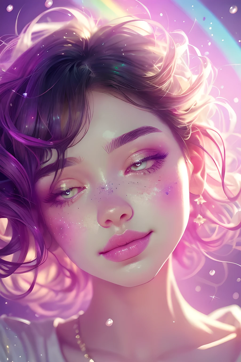 (This is a beautiful rainbow fantasy image that feels interesting and emphasizes glitter and iridescence.) Generate a ((blind)) curvy woman with colorful curly hair and milky white eyes. Her face is important and is perfectly formed with puffy lips and perfect features. (Her eyes are critically important and are (blank) and (solid white)). The image exudes ethereal beauty and soft fantasy. Include sweet and detailed birds and soft, luminous flowers in all the colors of the rainbow. The image's background is decorated in shades of pink, shimmer, glitter, and fantasy details like colored bubbles and cosmos. Utilize dynamic composition to create a compelling and action-packed image. Dramatic lighting and cinematic lighting enhance the woman's beauty and the soft colors in the artwork. (((((Perspective: head on.))))) Include fantasy, cute, colorful, colourful, interesting magic background, ((((blank eyes)))), ((((empty white eyes)))), (shirome eyes:1.3), (smirking), (perfectly rendered solid whiteeyes), ((birthmark on lip)), ((pretty lips)), beautiful background, complex background, sweet background, (((rainbow)))