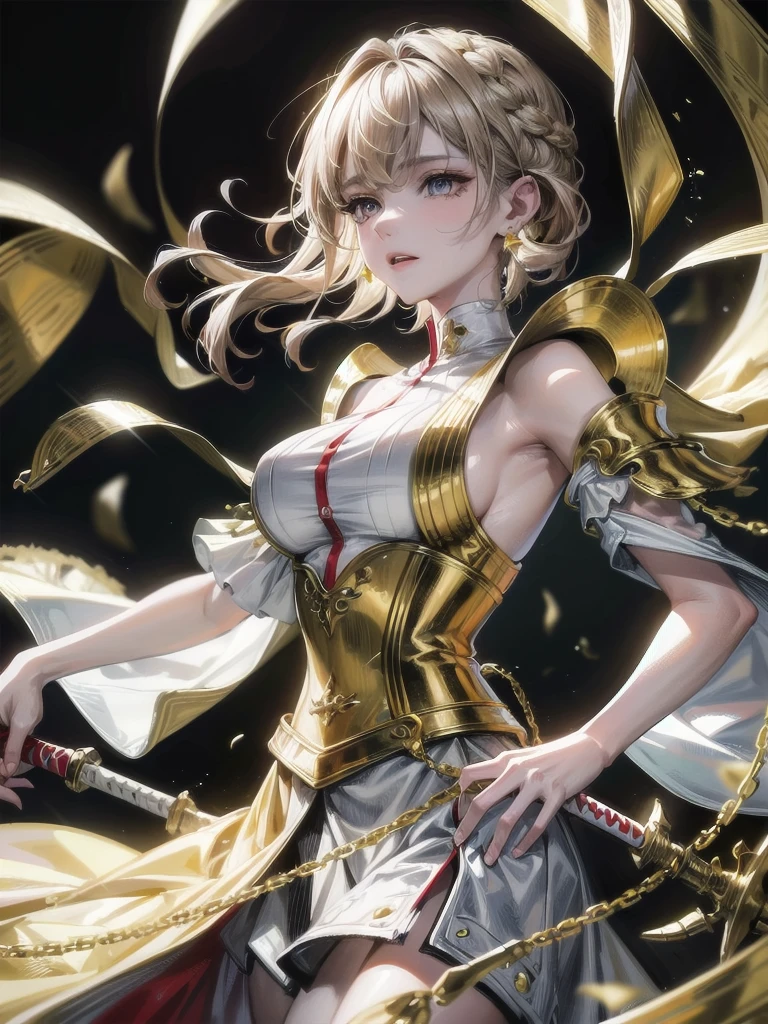 Military Dress, golden accessories, Grand Katana Sword, absurdres, RAW photo, extremely delicate and beautiful, masterpiece, Best Quality, ultra high resolution, 32k, hyperrealistic, ultra-detailed, detailed description, pale skin, 20 years old, tearful mole, earring, big tits, short medium hair, wavy hair, whole body shot,