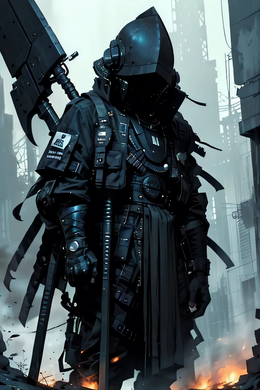 In the heart of a grungy, retrofuturistic film set, nestled amidst the ruins of a post-apocalyptic world, stands a fearsome figure. The Knight of Darkness, a bipoc hero clad in gleaming armor, grips the scythe that is synonymous with his ominous presence. His burning eyes, perfect orbs of crimson, glow with an intensity that mirrors the cinematic fire scene that consumes the background. The foggy atmosphere, a haunting blend of despair and anticipation, casts an ethereal glow upon his intricately detailed armor, heightening the drama in this award-winning close-up portrait. Cin