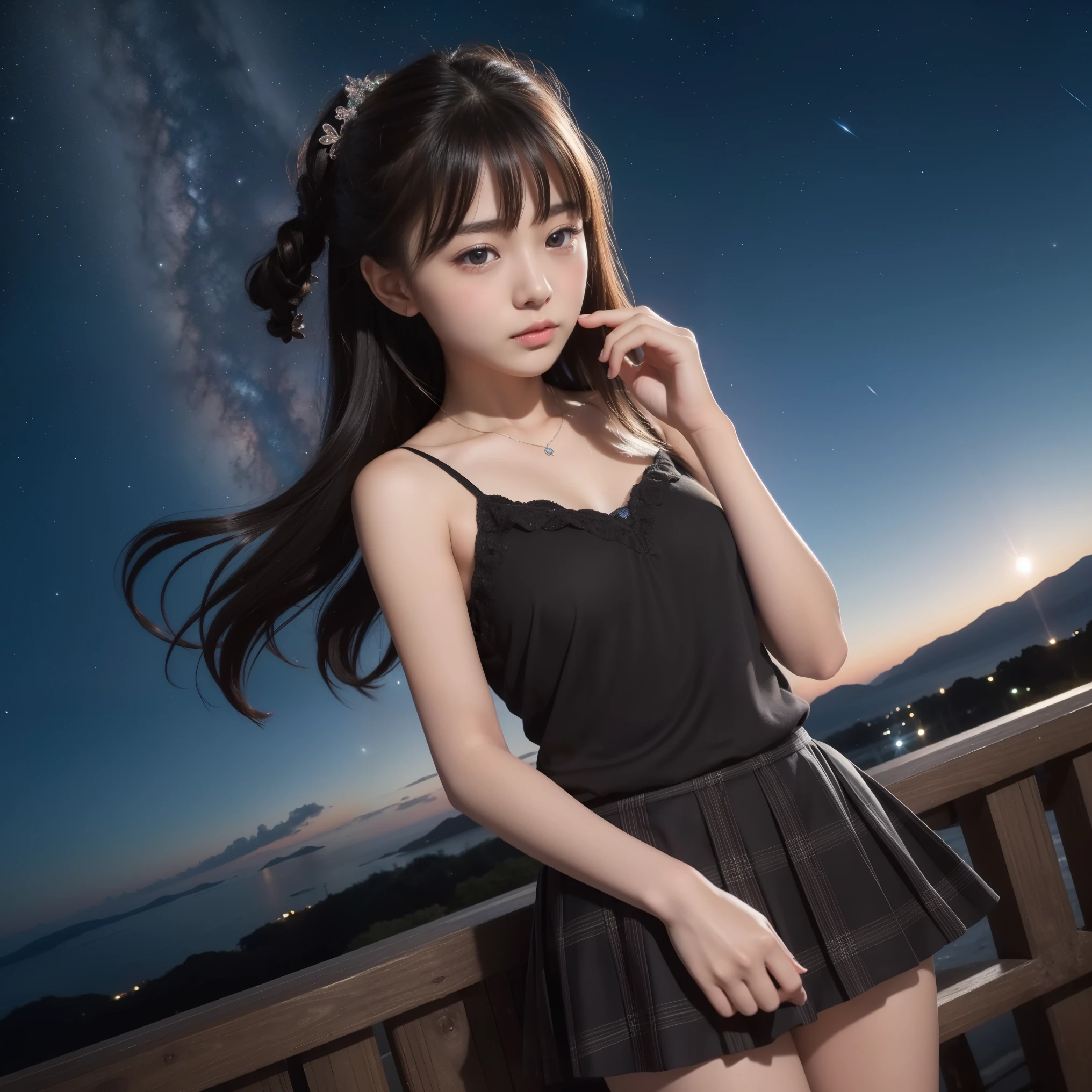 Beautiful images、universe、Fantasy、Shooting start or swarm、Teenage Girl、black eye、Hair length、Starry Sky、Japanese、high school girl、camisole、Fluttering mini skirt、