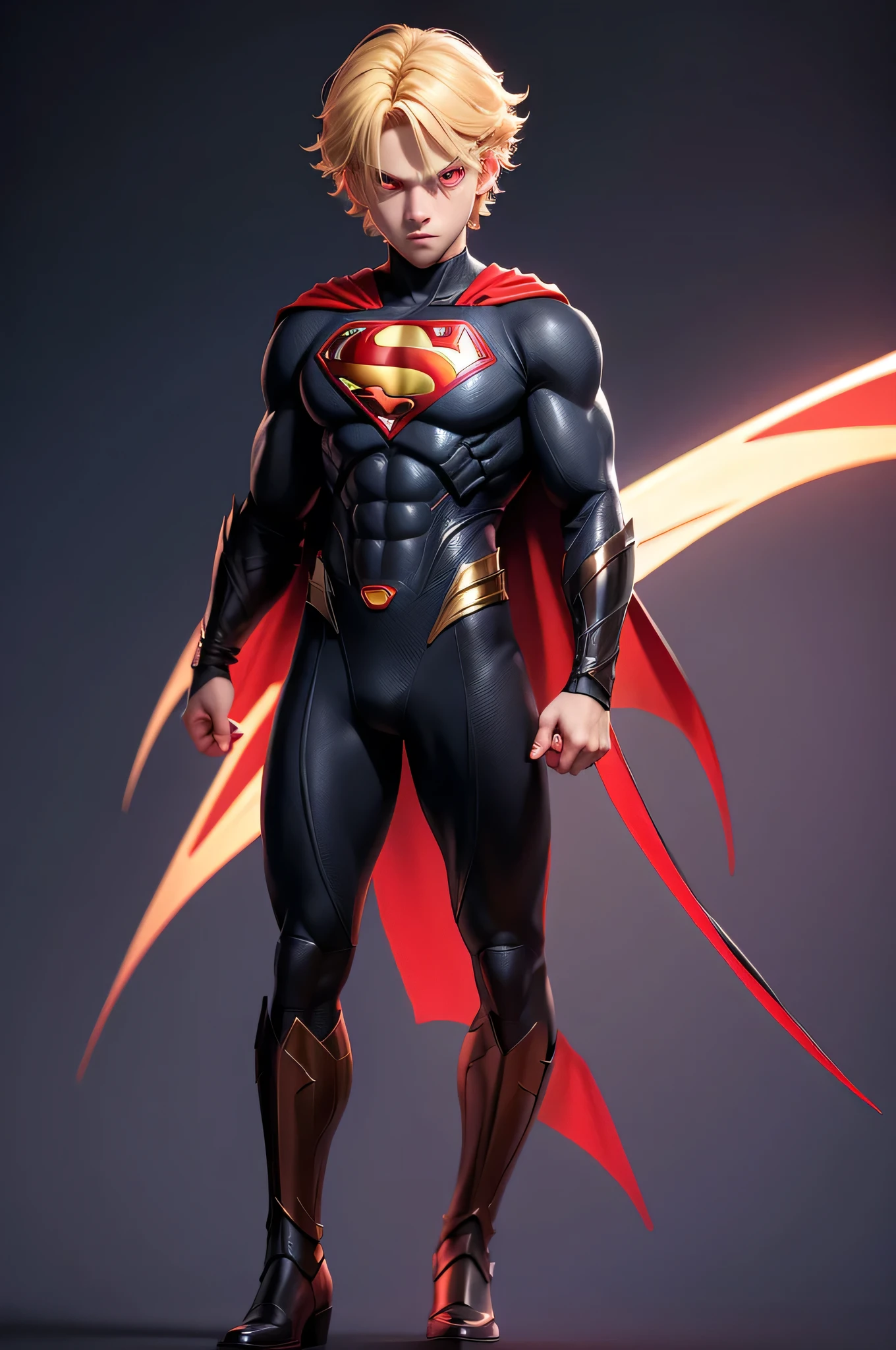 Boy made in abys, blond hair, red Eyes, in the darkness, superman, full Body, evil look,