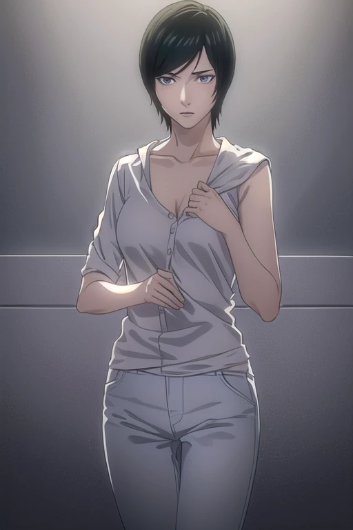 takadakiyomi, takada kiyomi, short hair, Black Hair, (Iris:1.3), lipstick,
break shirt, No sleeve, pants, No sleeve shirt, clavicle,
break indoors,
break looking at viewer, (Cowboy Shot:1.5),
break (masterpiece:1.2), highest quality, High resolution, unity 8k wallpaper, (figure:0.8), (Beautiful fine details:1.6), Highly detailed face, Perfect lighting, Highly detailed CG, (Perfect hands, Perfect Anatomy),