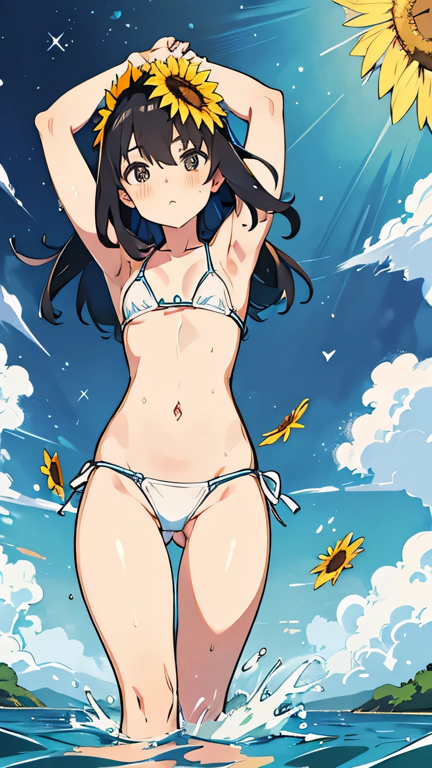 Best image quality,1People Girl,cute,Shiny Hair,black eye,Shining Eyes,,sunflower,stream,Water Play,Wet,girl,small,small breast,White Bikini,Too much exposure,View from below,Navel Fashion,Know the shape of your vagina,Small waist,Thin legs