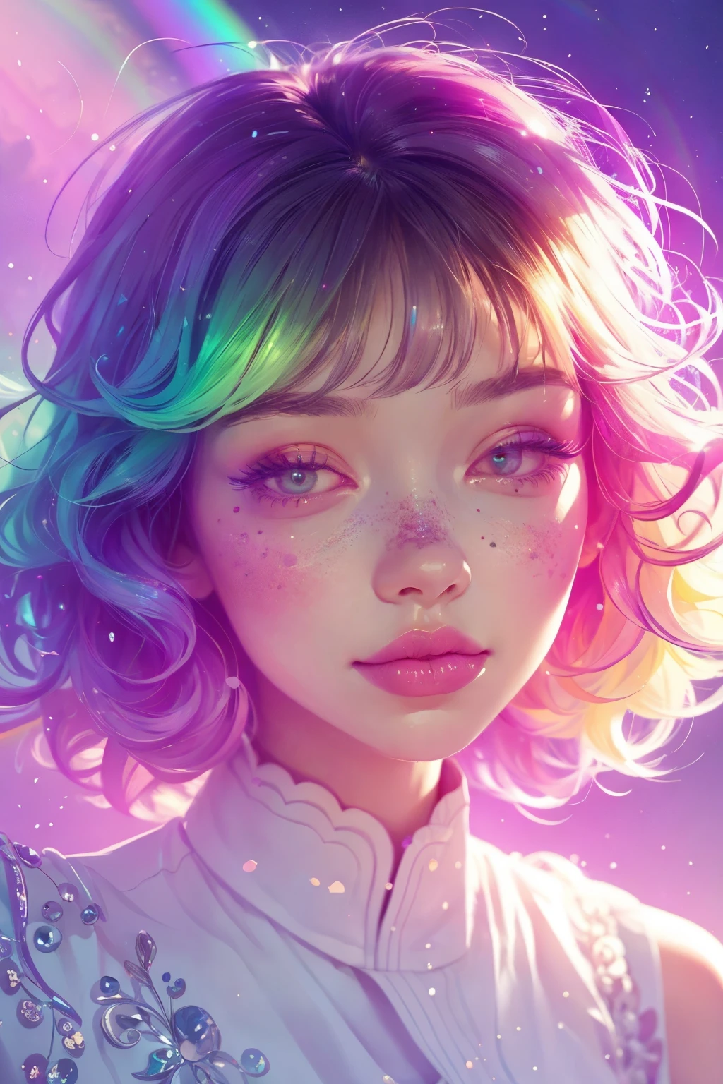 (This is a beautiful rainbow fantasy image that feels interesting and emphasizes glitter and iridescence.) Generate a ((blind)) curvy woman with colorful curly hair and milky white eyes. Her face is important and is perfectly formed with puffy lips and perfect features. (Her eyes are critically important and are (blank) and (solid white)). The image exudes ethereal beauty and soft fantasy. Include sweet and detailed birds and soft, luminous flowers in all the colors of the rainbow. The image's background is decorated in shades of pink, shimmer, glitter, and fantasy details like colored bubbles and cosmos. Utilize dynamic composition to create a compelling and action-packed image. Dramatic lighting and cinematic lighting enhance the woman's beauty and the soft colors in the artwork. (((((Perspective: head on.))))) Include fantasy, cute, colorful, colourful, interesting magic background, ((((blank eyes)))), ((((empty white eyes)))), (shirome eyes:1.3), (smirking), (perfectly rendered solid whiteeyes), ((birthmark on lip)), ((pretty lips)), beautiful background, complex background, sweet background, (((rainbow)))