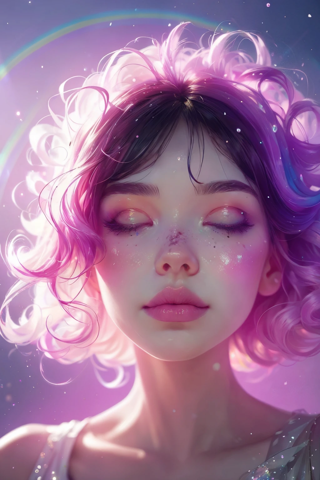 (This is a beautiful rainbow fantasy image that feels interesting and emphasizes glitter and iridescence.) Generate a ((blind)) curvy woman with colorful curly hair and milky white eyes. Her face is important and is perfectly formed with puffy lips and perfect features. (Her eyes are critically important and are (blank) and (solid white)). The image exudes ethereal beauty and soft fantasy. Include sweet and detailed birds and soft, luminous flowers in all the colors of the rainbow. The image's background is decorated in shades of pink, shimmer, glitter, and fantasy details like colored bubbles and cosmos. Utilize dynamic composition to create a compelling and action-packed image. Dramatic lighting and cinematic lighting enhance the woman's beauty and the soft colors in the artwork. (((((Perspective: head on.))))) Include fantasy, cute, colorful, colourful, interesting magic background, ((((blank eyes)))), ((((empty white eyes)))), (shirome eyes:1.3), (smirking), (perfectly rendered solid whiteeyes), ((birthmark on lip)), ((pretty lips)), beautiful background, complex background, sweet background, (((rainbow)))