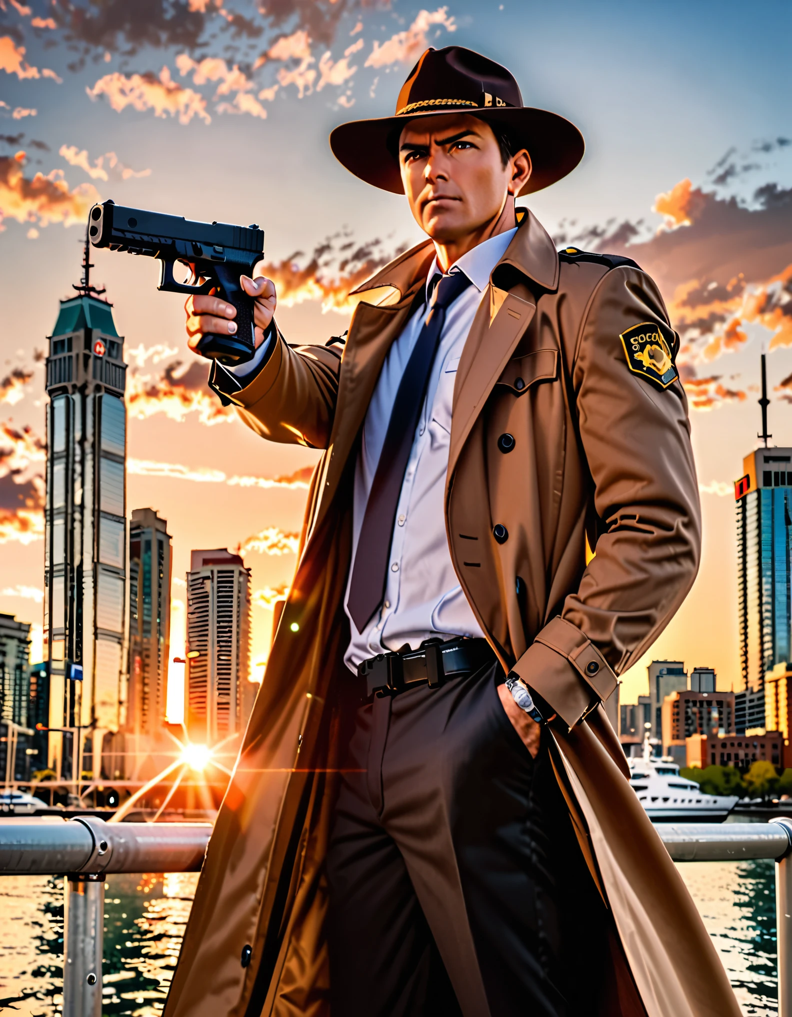((masterpiece, best quality, hires)), 1boy, male focus, solo focus, mature adult, age 27, canadian police officer, detective, dark brown suit and tie, trenchcoat, brown hair, dark hazel eyes, ((using Glock17 handgun)), in front of a patrol cruiser, toronto city backdrop, cowboy shot, sunset, brown cowboy hat, serious look on his face.