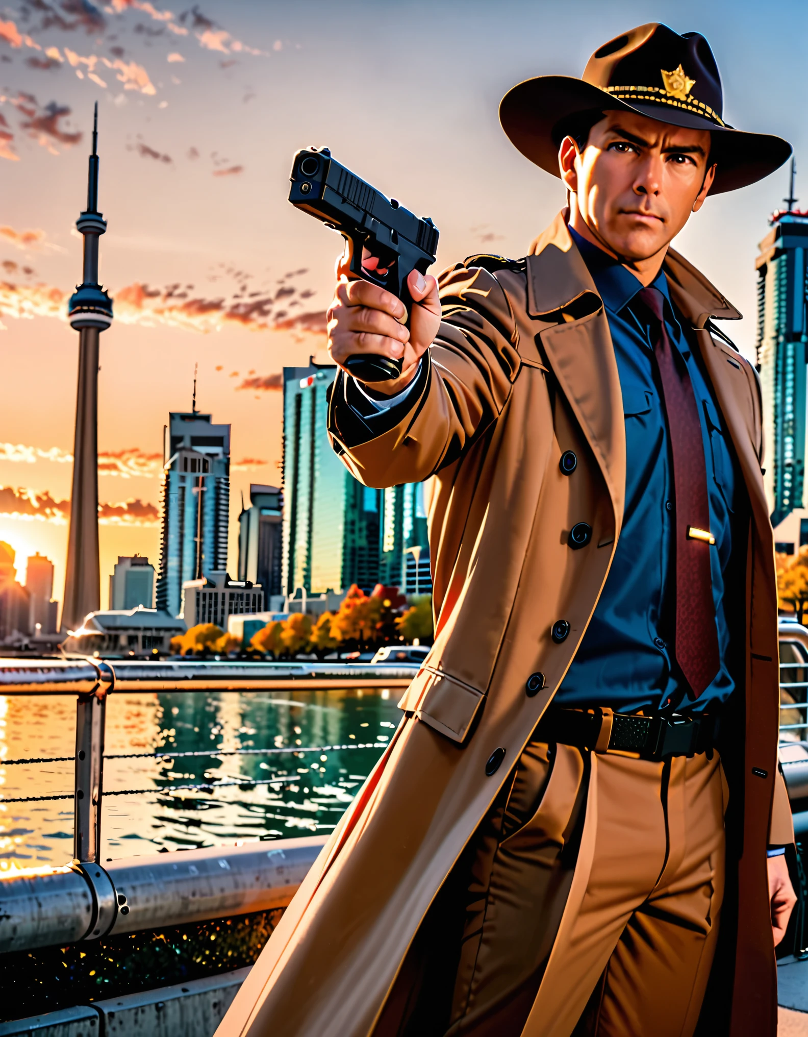 ((masterpiece, best quality, hires)), 1boy, male focus, solo focus, mature adult, age 27, canadian police officer, detective, dark brown suit and tie, trenchcoat, brown hair, dark hazel eyes, ((using Glock17 handgun)), in front of a patrol cruiser, toronto city backdrop, cowboy shot, sunset, brown cowboy hat, serious look on his face.