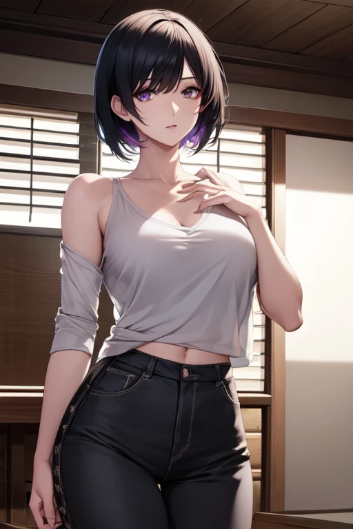 takadakiyomi, takada kiyomi, short hair, Black Hair, (Iris:1.3), lipstick,
break shirt, No sleeve, pants, No sleeve shirt, clavicle,
break indoors,
break looking at viewer, (Cowboy Shot:1.5),
break (masterpiece:1.2), highest quality, High resolution, unity 8k wallpaper, (figure:0.8), (Beautiful fine details:1.6), Highly detailed face, Perfect lighting, Highly detailed CG, (Perfect hands, Perfect Anatomy),