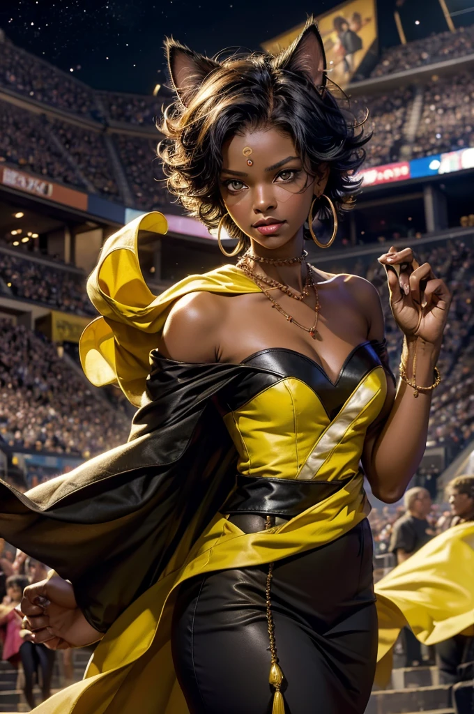 highres,absurdres,masterpiece,best quality,original,extremely detailed CG,extremely detailed wallpaper,perfect lighting,looking at viewer,bare hands,1girl,
SiennaKhan,short hair,black hair,animal ears,yellow eyes,cat ears,dark skin,dark-skinned female,gloves,jewelry,earrings,cape,facial mark,cleavage cutout,hoop earrings, standing, night, stars, arena, audience, crowd, looking at viewer,