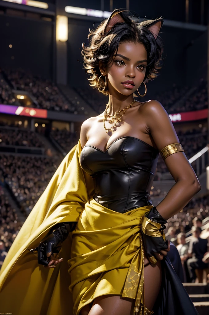highres,absurdres,masterpiece,best quality,original,extremely detailed CG,extremely detailed wallpaper,perfect lighting,looking at viewer,bare hands,1girl,
SiennaKhan,short hair,black hair,animal ears,yellow eyes,cat ears,dark skin,dark-skinned female,gloves,jewelry,earrings,cape,facial mark,cleavage cutout,hoop earrings, standing, night, stars, arena, audience, crowd, looking at viewer,