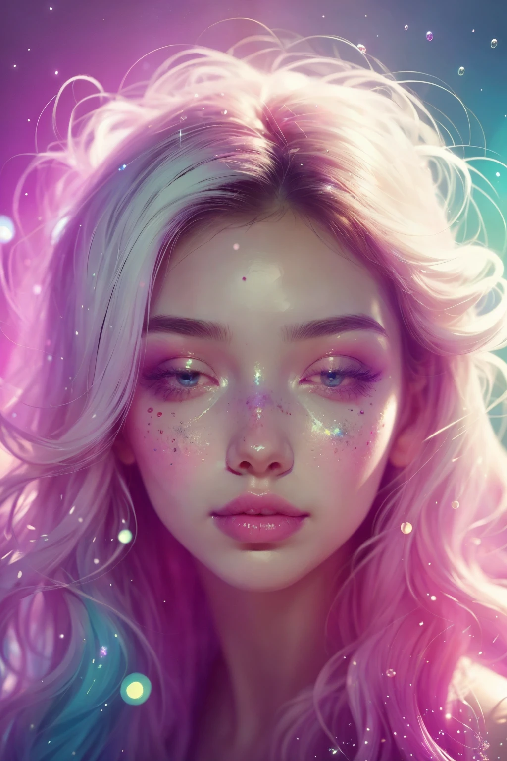 (This is a beautiful rainbow fantasy image that feels interesting and emphasizes glitter and iridescence.) Generate a ((blind)) curvy woman with colorful curly hair and milky white eyes. Her face is important and is perfectly formed with puffy lips and perfect features. (Her eyes are critically important and are (blank) and (solid white)). The image exudes ethereal beauty and soft fantasy. Include sweet and detailed birds and soft, luminous flowers in all the colors of the rainbow. The image's background is decorated in shades of pink, shimmer, glitter, and fantasy details like colored bubbles and cosmos. Utilize dynamic composition to create a compelling and action-packed image. Dramatic lighting and cinematic lighting enhance the woman's beauty and the soft colors in the artwork. (((((Perspective: head on.))))) Include fantasy, cute, colorful, colourful, interesting magic background, ((((blank eyes)))), ((((empty white eyes)))), (shirome eyes:1.3), (smirking), (perfectly rendered solid whiteeyes), ((birthmark on lip)), ((pretty lips)), beautiful background, complex background, sweet background, (((rainbow)))