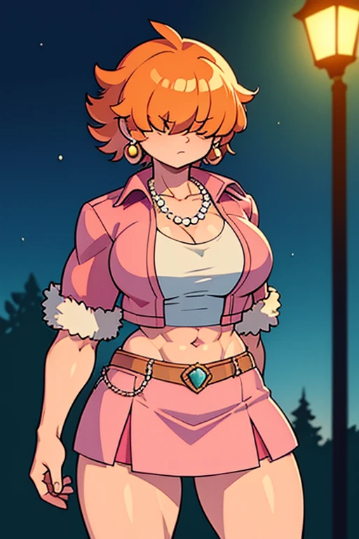 ,High quality,Female ,((,hair covering eyes,fluffy hair,short hair,serious)),(muscular,breasts),solo,orange hair,toned,Earrings,Curvy legs,2 arms,pearl necklace,denim jacket,pink skirt,side park,night,