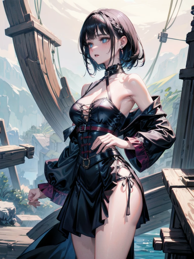 Practical pirate clothing, Long-sleeved pirate top, Skirt, absurdres, RAW photo, extremely delicate and beautiful, masterpiece, Best Quality, ultra high resolution, 32k, hyperrealistic, ultra-detailed, detailed description, pale skin, 20 years old, tearful mole, earring, big ????, short medium hair, wavy hair, whole body shot,
