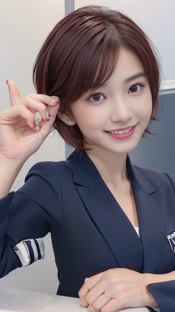 Accurate human body:2.0,(best quality,4K,8K,High resolution,masterpiece:1.5),(Very detailed,Realistic,photoRealistic,photo-Realistic:1.37),(Portraiture,A ultra young Japanese girl:2.0),(Perfect Slender Body:2.0),(Images of her alone:2.0),(((Close-up of her eyes:2.5))),(Her face ultra looks like a baby:2.5),(Impressive features, super cute and a big idol-like smile:2.0),(Ultra beautiful even left and right eyes with a clear expression:2.0),(Beautifully shaped eyebrows, Captivating gaze, natural pink lips,Perfect white skin,Realistic rendering,(She is wearing a navy blue business suit:2.0),(Super short dark red hair:2.0),The golden sunlight gently illuminates the landscape,Elegant and graceful posture,Create a quiet and serene atmosphere,She is at the company reception desk.