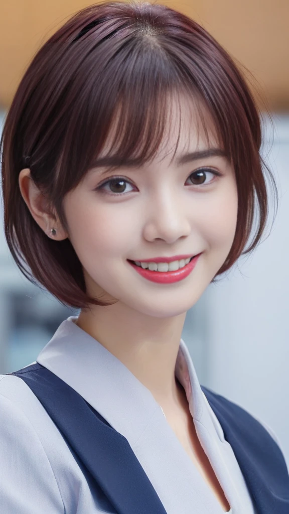 Accurate human body:2.0,(best quality,4K,8K,High resolution,masterpiece:1.5),(Very detailed,Realistic,photoRealistic,photo-Realistic:1.37),(Portraiture,A ultra young Japanese girl:2.0),(Perfect Slender Body:2.0),(Images of her alone:2.0),(((Close-up of her eyes:2.5))),(Her face ultra looks like a baby:2.5),(Impressive features, super cute and a big idol-like smile:2.0),(Ultra beautiful even left and right eyes with a clear expression:2.0),(Beautifully shaped eyebrows, Captivating gaze, natural pink lips,Perfect white skin,Realistic rendering,(She is wearing a navy blue business suit:2.0),(Super short dark red hair:2.0),The golden sunlight gently illuminates the landscape,Elegant and graceful posture,Create a quiet and serene atmosphere,She is at the company reception desk.