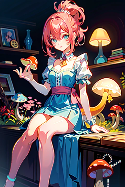 (masterpiece, top quality, best quality), pixel,pixel art,1girl, Alice in Wonderland, holding a glowing mushroom in her hands