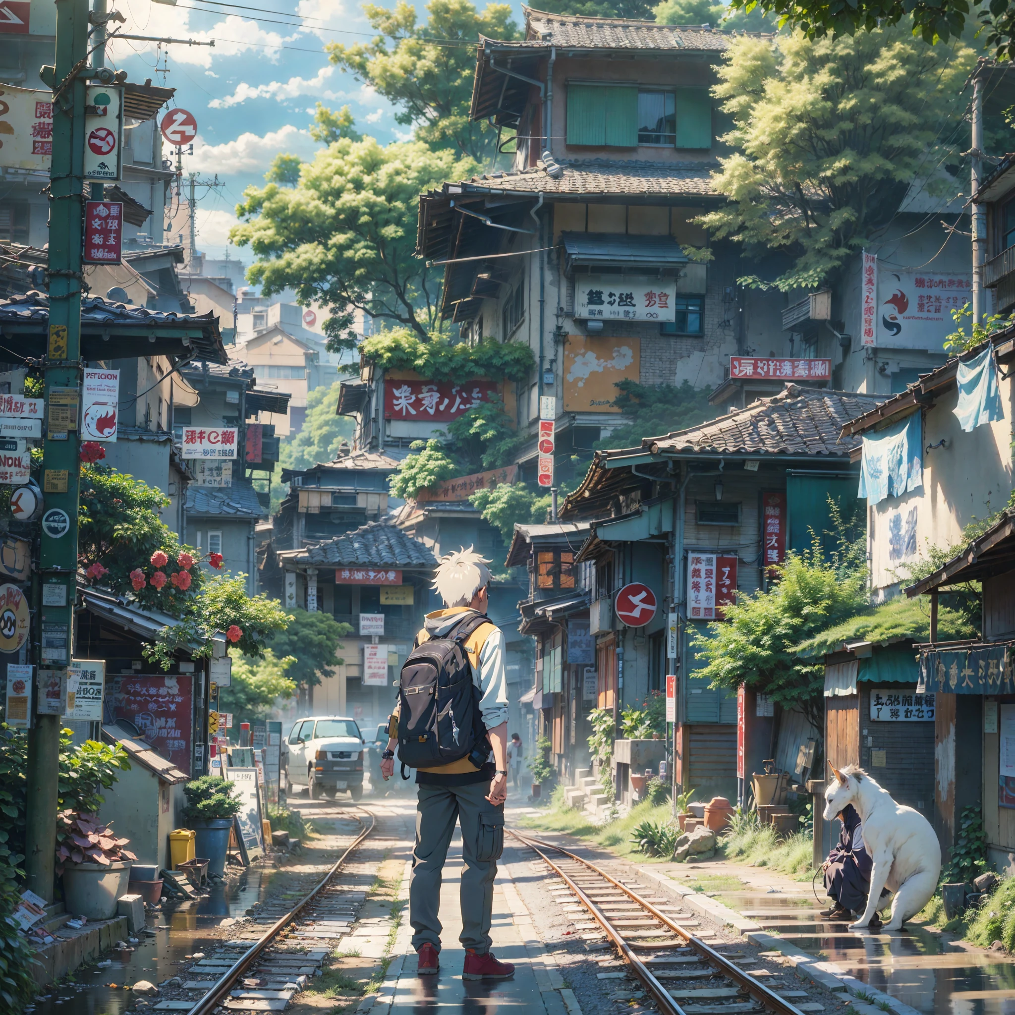 1boy,Man's ,Cyberpunk Boy、Cat's ears、silber hair、poneyTail、The beginning of the adventure、Dragon in the sky、during daytime、Into the cloud、ruined and devastated city、Complex Japan buildings、schools、temple、shrines、railroad crossing、Bus stop、Trees、Warm lighting、puddles、Good old Japan landscape、Beautiful and fantastic summer landscape、Cinematic scenery、hightquality、masutepiece,8K、hight resolution、ultra-detailliert,