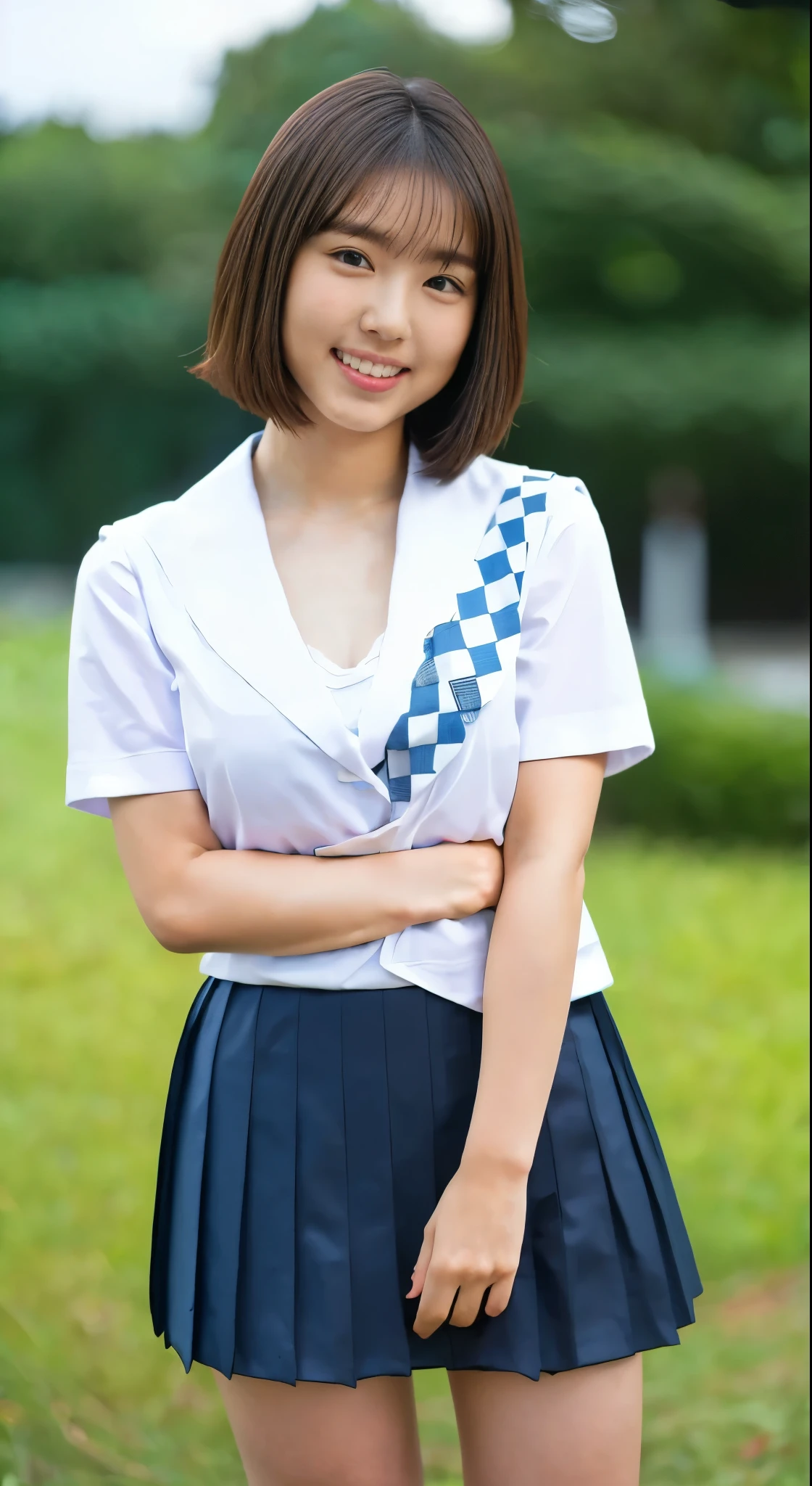 masterpiece, highest quality, Complete Anatomy、RAW Photos, Realistic、(Cute face:1.7)、(Very cute smile:1.6)、(Round face:1.9)、(Baby Face:1.4)、(Very cute face like an idol:1.8), Black-haired、Written boundary depth, High resolution, Very detailed, Very detailed目と顔, Realistic student, Sharp focus, Cinema Lighting、(Clothing that emphasizes the bulge of the chest:1.7)、 (Large Breasts:1.6)、19-year-old female、One Woman、 (Very short hair:1.5)、  (Japanese 、school uniform:1.5)、Very detailed8k壁紙、(Too short checkered pleated skirt:1.5)、(Use both hands to pull up the hem of your skirt、Showing her white panties to the camera:1.6）、(whole body:1.5)、Are standing、Angle from below、(Thigh close-up:1.6)、Written boundary depth、Background Blur
