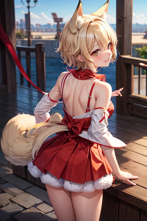 Fox Girl Blonde Short Hair Miko costume Crying and pretending to be a dog Two arms Put your hands together Four legs View from behind