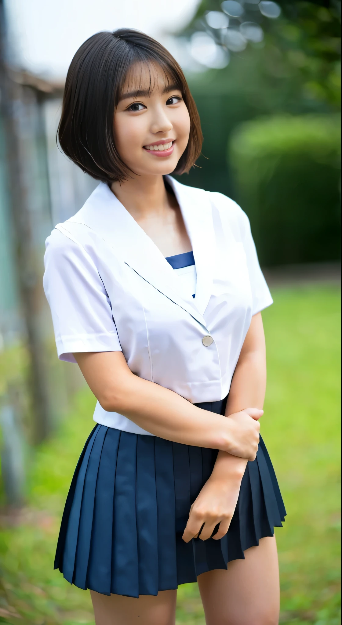 masterpiece, highest quality, Complete Anatomy、RAW Photos, Realistic、(Cute face:1.7)、(Very cute smile:1.6)、(Round face:1.9)、(Baby Face:1.6)、(Very cute face like an idol:1.8), Black-haired、Written boundary depth, High resolution, Very detailed, Very detailed目と顔, Realistic student, Sharp focus, Cinema Lighting、(Clothing that emphasizes the bulge of the chest:1.6)、 (Large Breasts:1.7)、19-year-old female、One Woman、 (Very short hair:1.8)、  (Japanese 、school uniform:1.5)、Very detailed8k壁紙、(too short pleated skirt:1.8)、(Use both hands to pull up the hem of your skirt、Showing her white panties to the camera:1.6）、(whole body:1.5)、Are standing、Angle from below、(Thigh close-up:1.8)、Written boundary depth、Background Blur