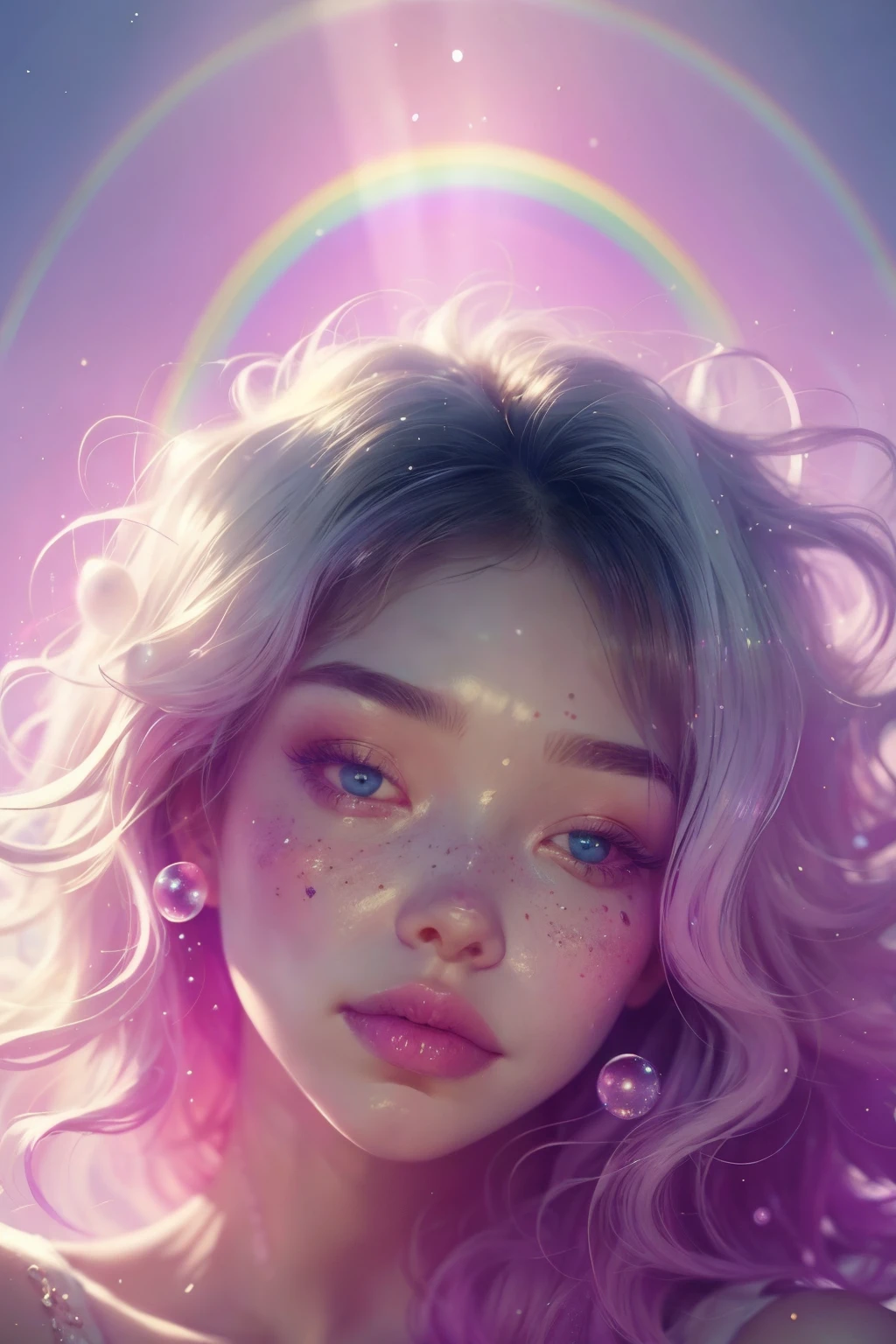 (This is a beautiful rainbow fantasy image that feels interesting and emphasizes glitter and iridescence.) Generate a ((blind)) curvy woman with colorful curly hair and milky white eyes. Her face is important and is perfectly formed with puffy lips and perfect features. (Her eyes are critically important and are (blank) and (solid white)). The image exudes ethereal beauty and soft fantasy. Include sweet and detailed birds and soft, luminous flowers in all the colors of the rainbow. The image's background is decorated in shades of pink, shimmer, glitter, and fantasy details like colored bubbles and cosmos. Utilize dynamic composition to create a compelling and action-packed image. Dramatic lighting and cinematic lighting enhance the woman's beauty and the soft colors in the artwork. (((((Perspective: head on.))))) Include fantasy, cute, colorful, colourful, interesting magic background, ((((blank eyes)))), ((((empty white eyes)))), (shirome eyes:1.3), (smirking), (perfectly rendered solid whiteeyes), ((birthmark on lip)), ((pretty lips)), beautiful background, complex background, sweet background, (((rainbow)))