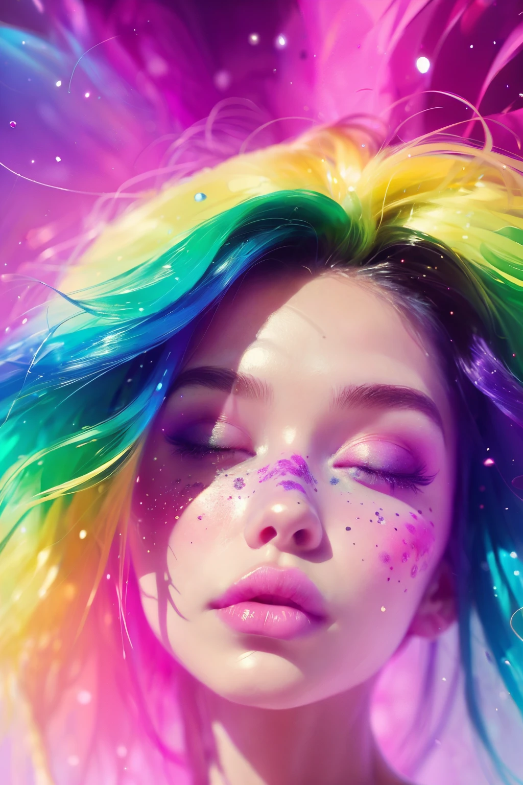 (This is a beautiful rainbow fantasy image that feels interesting and emphasizes glitter and iridescence.) Generate a ((blind)) curvy woman with colorful curly hair and milky white eyes. Her face is important and is perfectly formed with puffy lips and perfect features. (Her eyes are critically important and are (blank) and (solid white)). The image exudes ethereal beauty and soft fantasy. Include sweet and detailed birds and soft, luminous flowers in all the colors of the rainbow. The image's background is decorated in shades of pink, shimmer, glitter, and fantasy details like colored bubbles and cosmos. Utilize dynamic composition to create a compelling and action-packed image. Dramatic lighting and cinematic lighting enhance the woman's beauty and the soft colors in the artwork. (((((Perspective: head on.))))) Include fantasy, cute, colorful, colourful, interesting magic background, ((((blank eyes)))), ((((empty white eyes)))), (shirome eyes:1.3), (smirking), (perfectly rendered solid whiteeyes), ((birthmark on lip)), ((pretty lips)), beautiful background, complex background, sweet background, (((rainbow)))