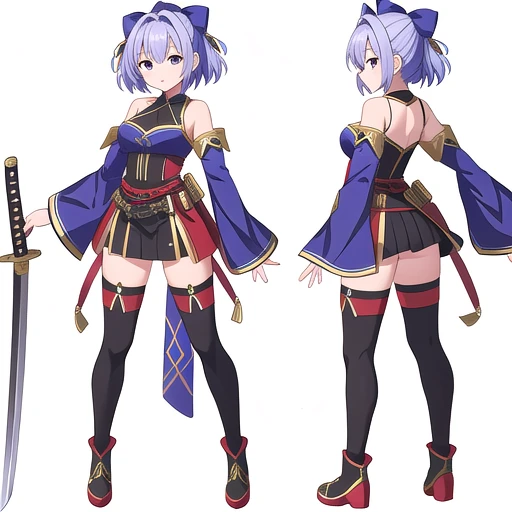 masterpiece, best quality, solo, high fantasy costume, ((white background)), full body, multiple views,  bare shoulders, sleeve, thigh high, katana,
