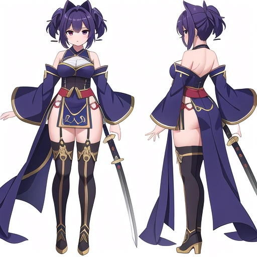 reference sheet, Satsuki Kiryuin, Satsuki Kiryuin from Kill-la-Kill, dressed in junkets, big breasts, voluminous breasts, curvy breasts, mesh stockings, standing with a katana, full height, bottom view, best quality, very detailed, ultra 8k resolution,huge breast