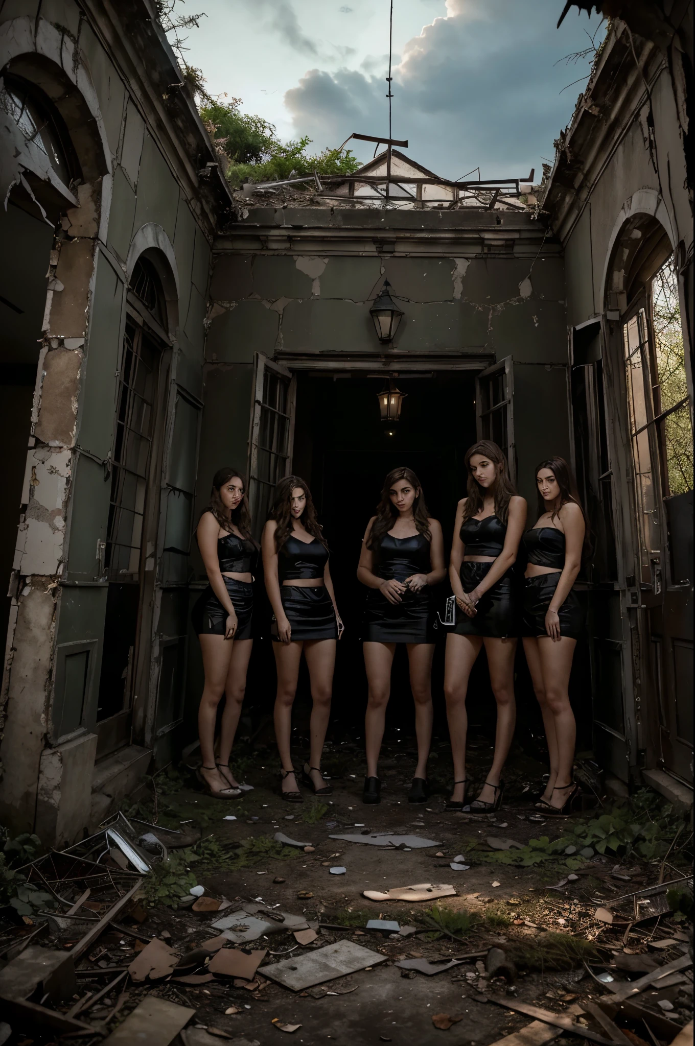 The group of friends are standing in front of the mansion, its sinister contours stand out against the twilight sky. The vine-covered walls and broken windows suggest years of abandonment and neglect. With flashlights in hand, they advance through the main entrance, a porta range assustadoramente enquanto se abre lentamente.