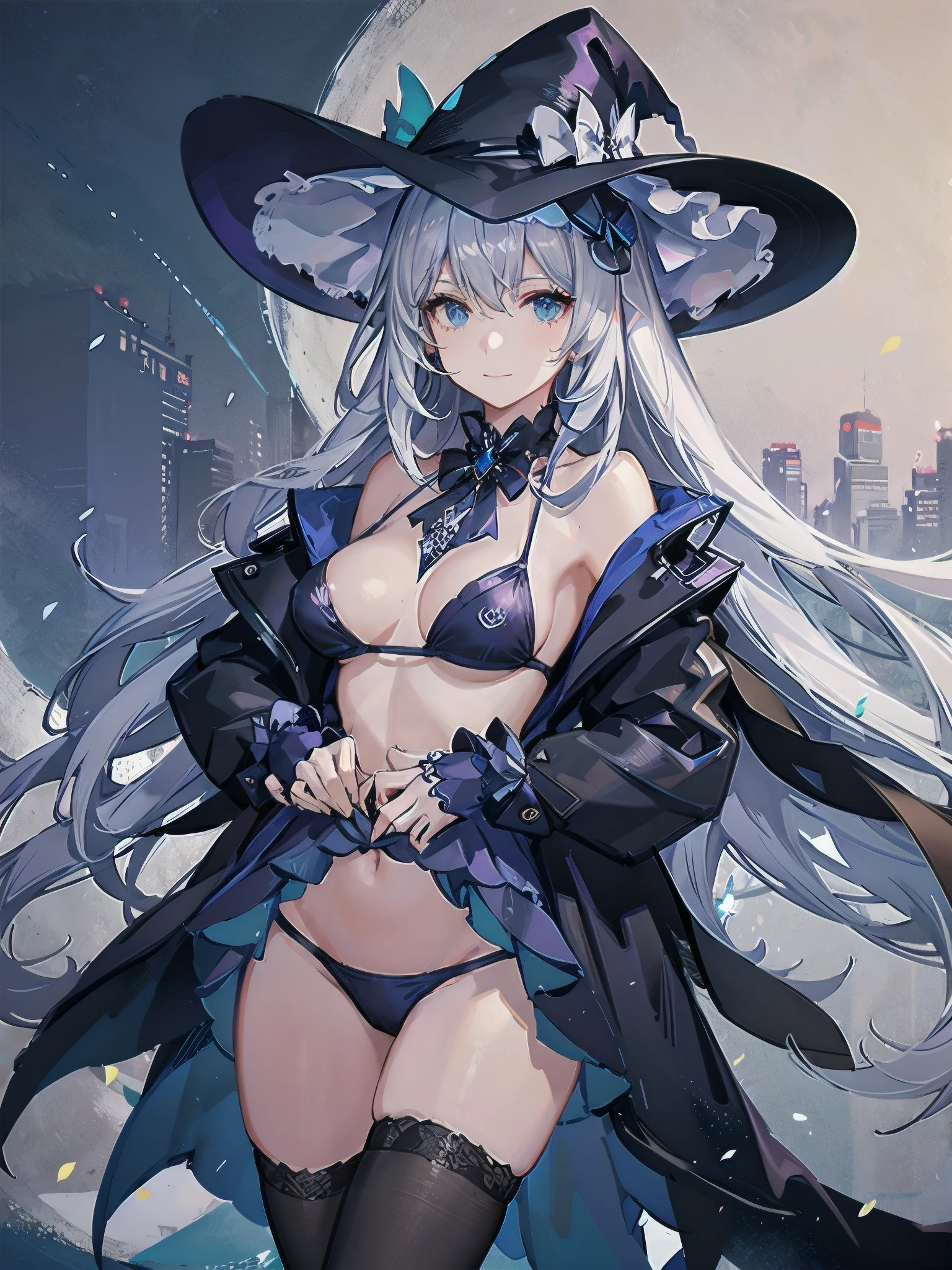 A girl stands on the rooftop of a high-rise building overlooking the late-night Tokyo nightscape.、She has a short bob with a white lob of hair and wears a large black witch hat with sapphire jewelry.、A high school student wearing a navy blue bikini-type swimsuit with a white ribbon、She wears a large witch's hat with a small sapphire accessory、A few star creams、Beautiful starry sky、Beautiful night view、large witch's hat 、Navy blue bikini pants that dig into your stomach、Small breasts、Small breasts、Navy blue swimsuit top with white frills、I see my stomach、The area around the stomach is bare skin.、Belly button、Halterneck bikini、She is wearing hot pants、She is wearing a long black coat with the front open.、Illuminated roof terrace、