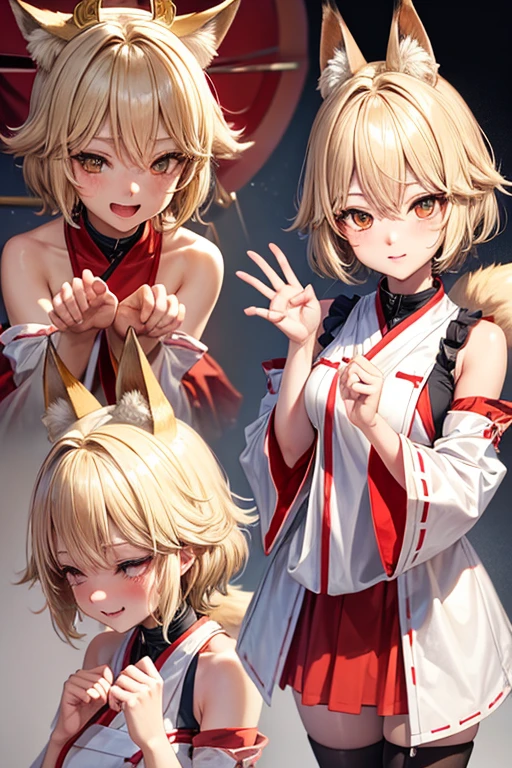 Fox Girl　Blonde Short Hair　Miko costume　Crying and pretending to be a dog　Two arms　Put your hands together　Four legs　View from behind　Leaning forward