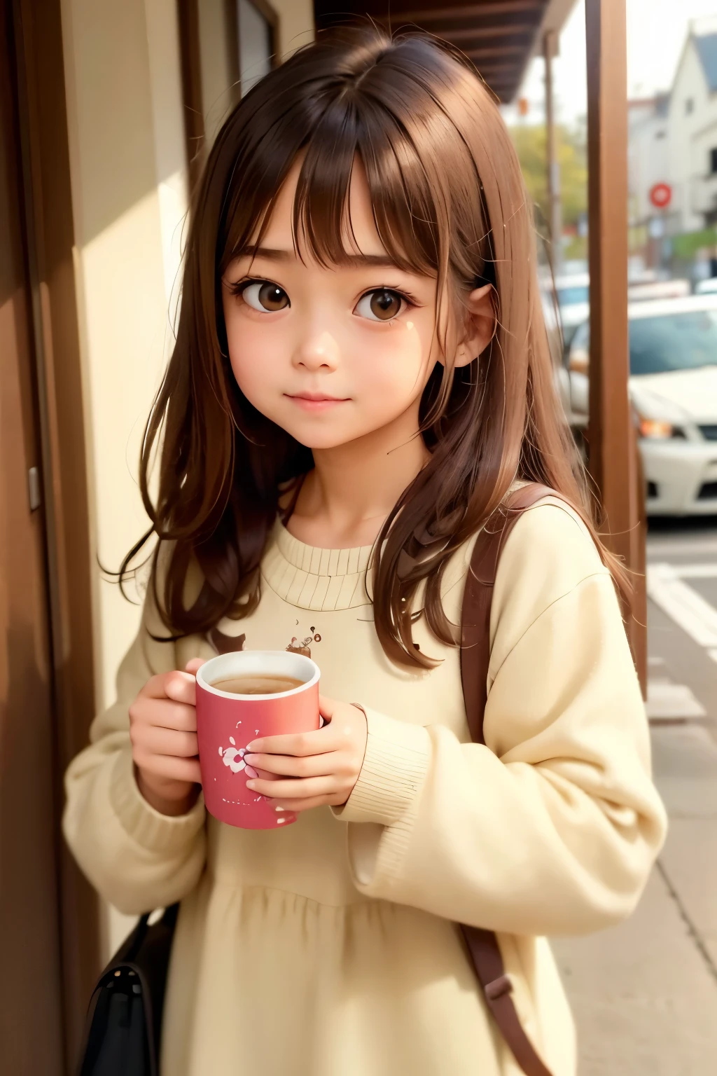 there is a young girl holding a cup of coffee in her hand, girl cute-fine-face, cute natural anime face, with cute - fine - face, sakimi chan, chiho, Yoshitomo Nara, young cute face, beautiful japanese girls face, brown hair and large eyes, cute kawaii girl, beautiful light big eyes