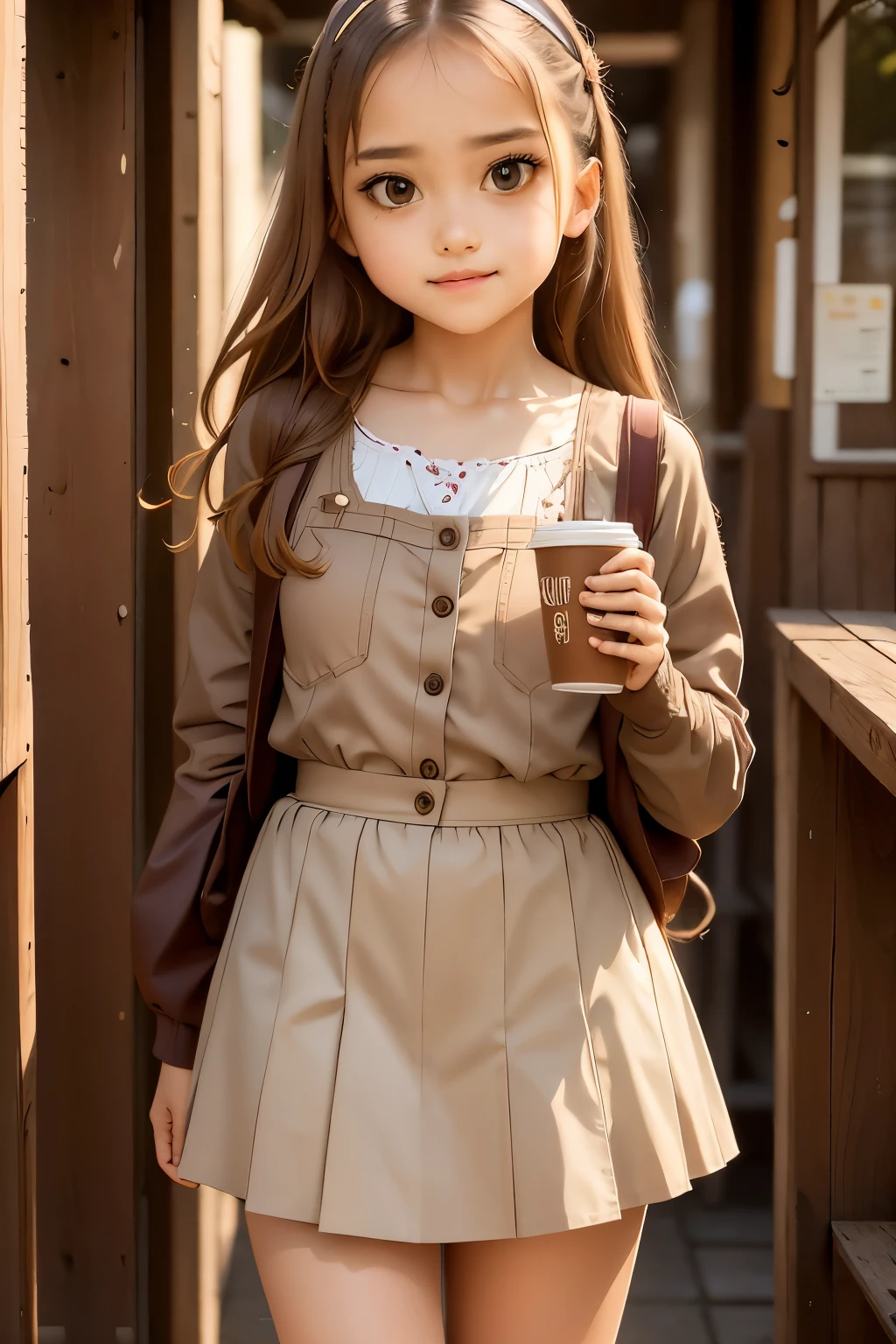 there is a young girl holding a cup of coffee in her hand, girl cute-fine-face, cute natural anime face, with cute - fine - face, sakimi chan, chiho, Yoshitomo Nara, young cute face, beautiful japanese girls face, brown hair and large eyes, cute kawaii girl, beautiful light big eyes